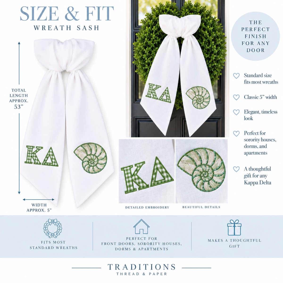 Kappa Delta Wreath Sash, Green Gingham KD Sorority Door Decor, Nautilus Shell Sorority Gift