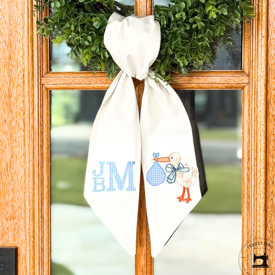 Personalized Baby Boy Stork Wreath Sash – Monogrammed New Baby Door Bow