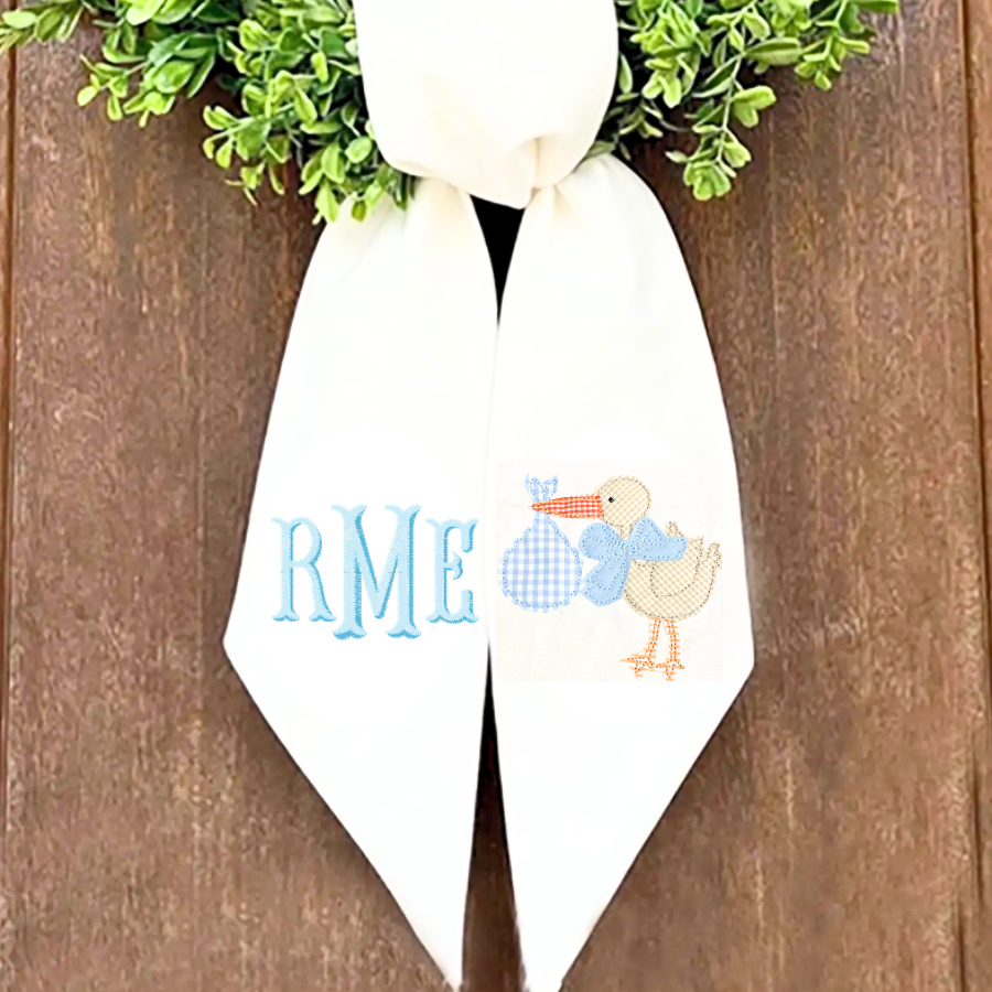 Personalized Baby Boy Stork Wreath Sash – Monogrammed New Baby Door Bow