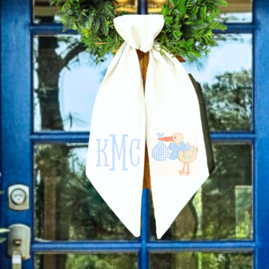 Personalized Baby Boy Stork Wreath Sash – Monogrammed New Baby Door Bow