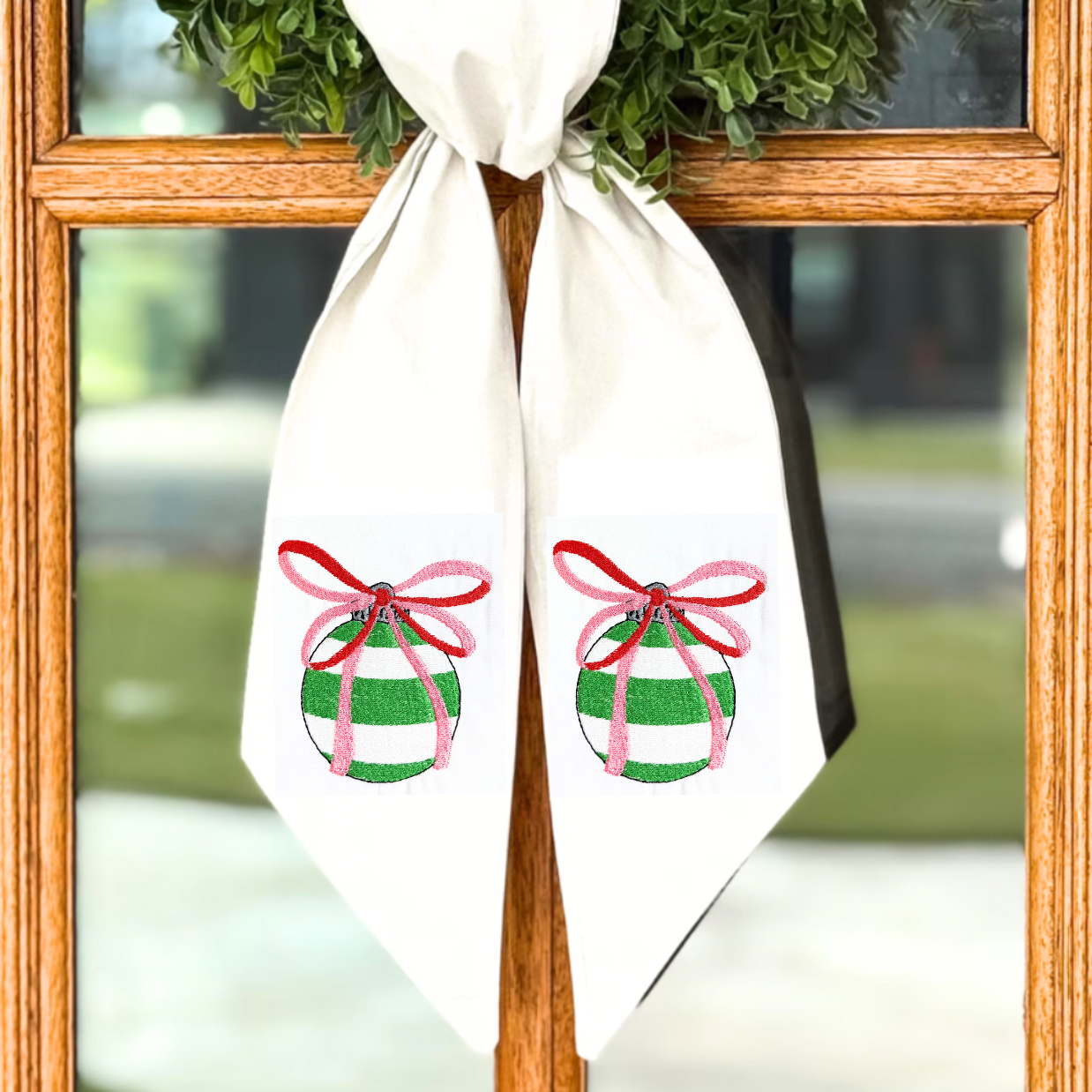 Striped Ornament & Monogram Christmas Wreath Sash