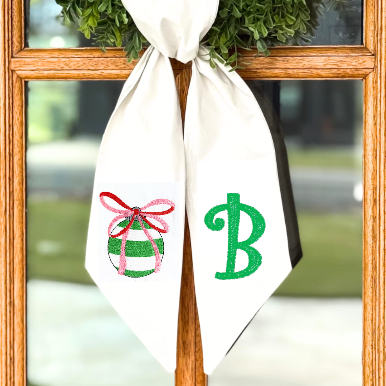 Striped Ornament & Monogram Christmas Wreath Sash