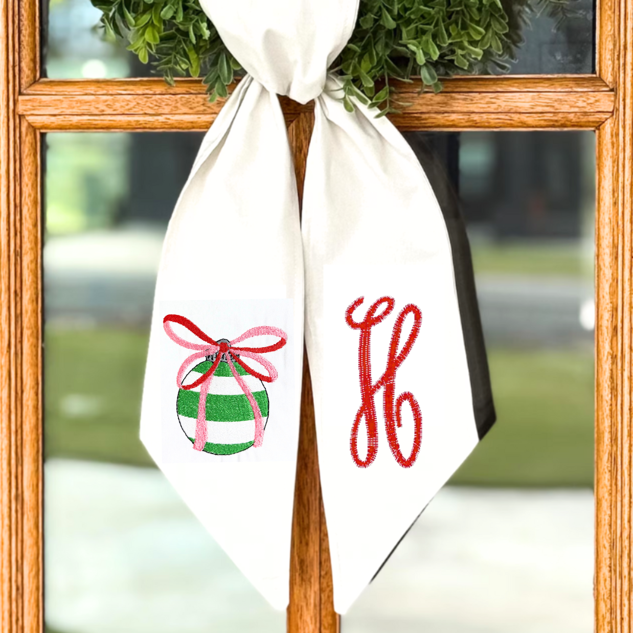 Striped Ornament & Monogram Christmas Wreath Sash
