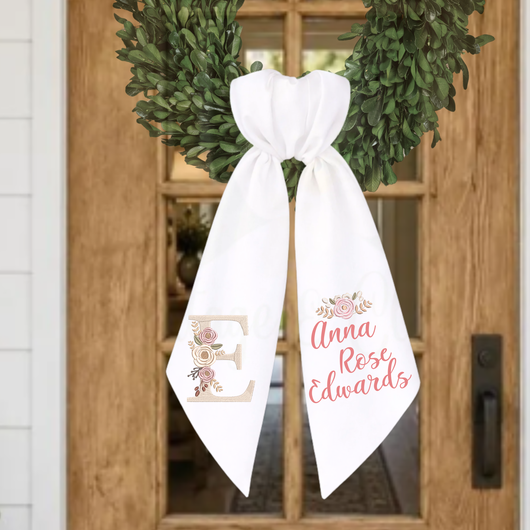 Personalized Floral Monogram Wreath Sash | Custom Name Wreath Sash | Elegant Front Door Decor