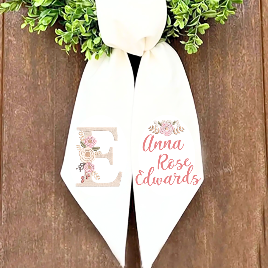 Personalized Floral Monogram Wreath Sash | Custom Name Wreath Sash | Elegant Front Door Decor