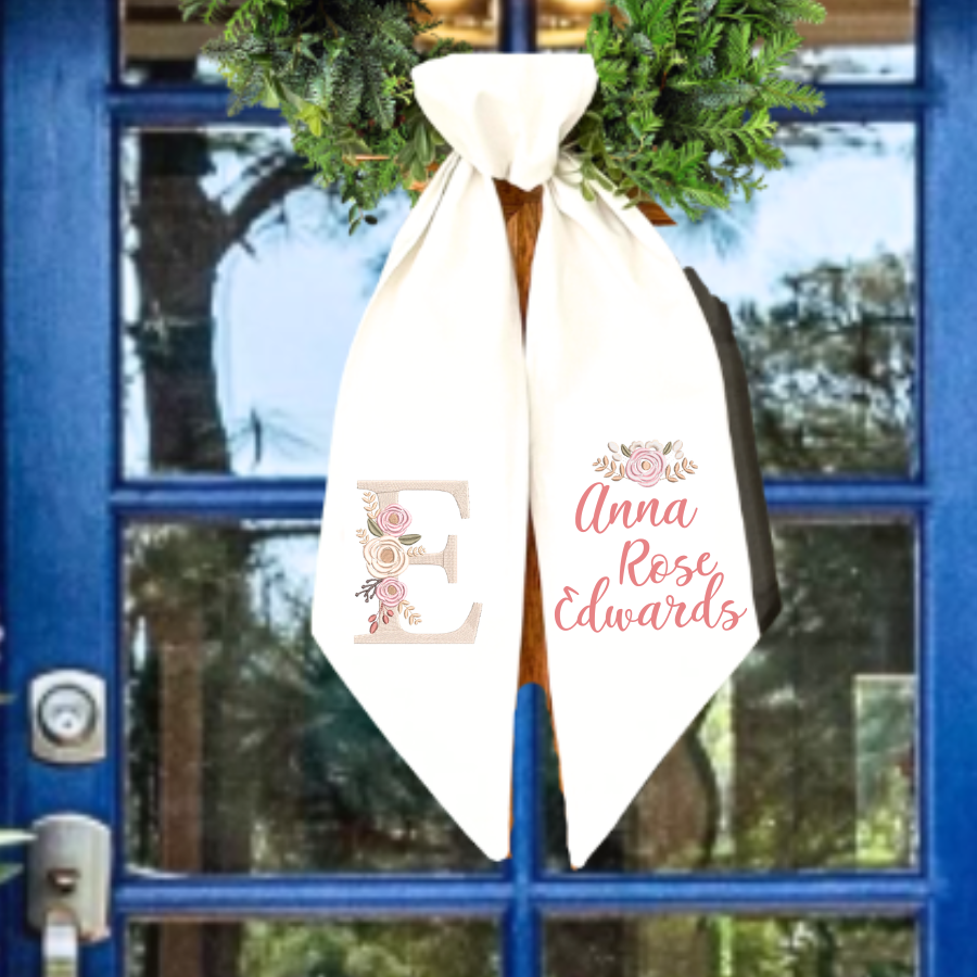 Personalized Floral Monogram Wreath Sash | Custom Name Wreath Sash | Elegant Front Door Decor