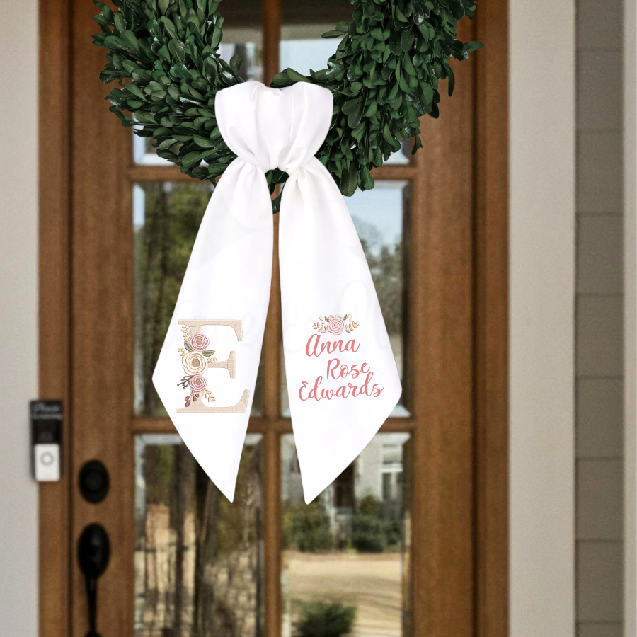 Personalized Floral Monogram Wreath Sash | Custom Name Wreath Sash | Elegant Front Door Decor