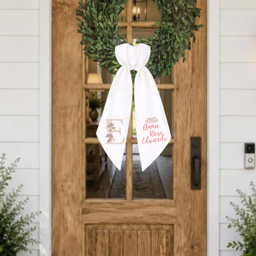 Personalized Floral Monogram Wreath Sash | Custom Name Wreath Sash | Elegant Front Door Decor