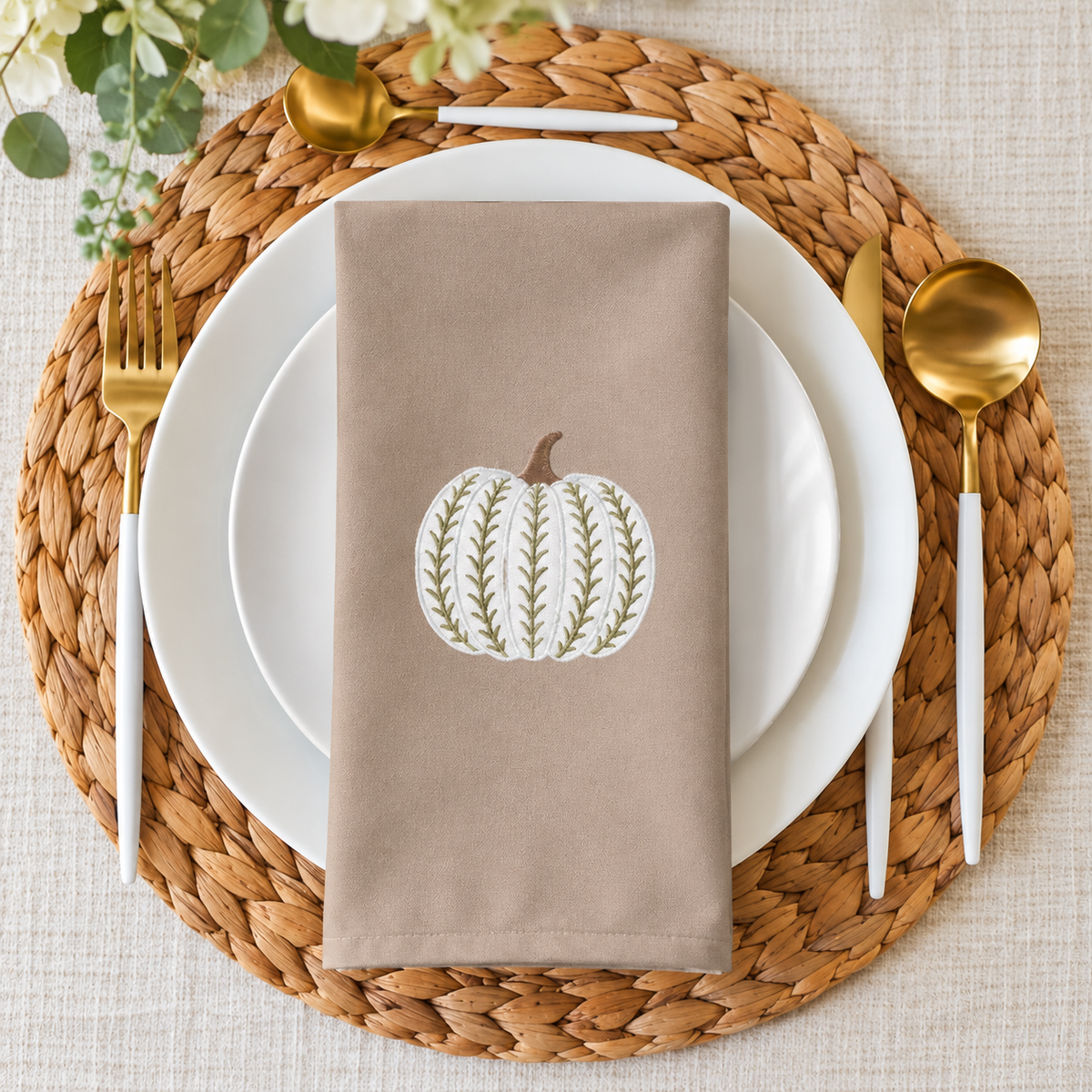 Embroidered White Pumpkin Dinner Napkins – Taupe Fall & Thanksgiving Cloth Napkins