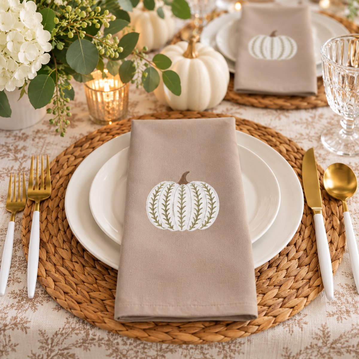 Embroidered White Pumpkin Dinner Napkins – Taupe Fall & Thanksgiving Cloth Napkins