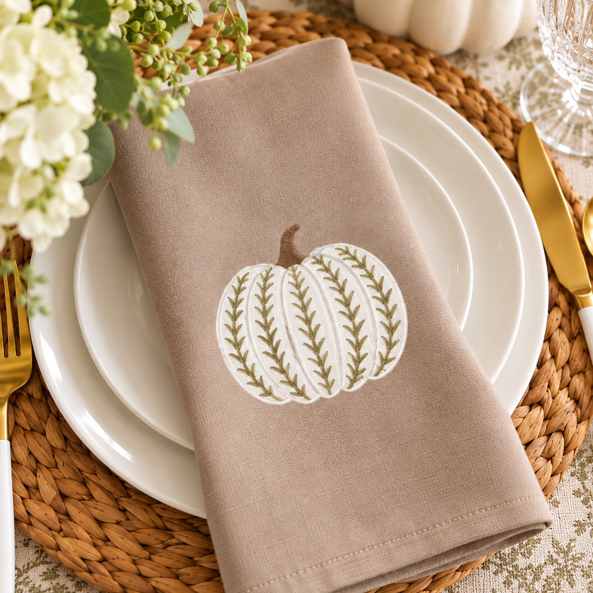 Embroidered White Pumpkin Dinner Napkins – Taupe Fall & Thanksgiving Cloth Napkins