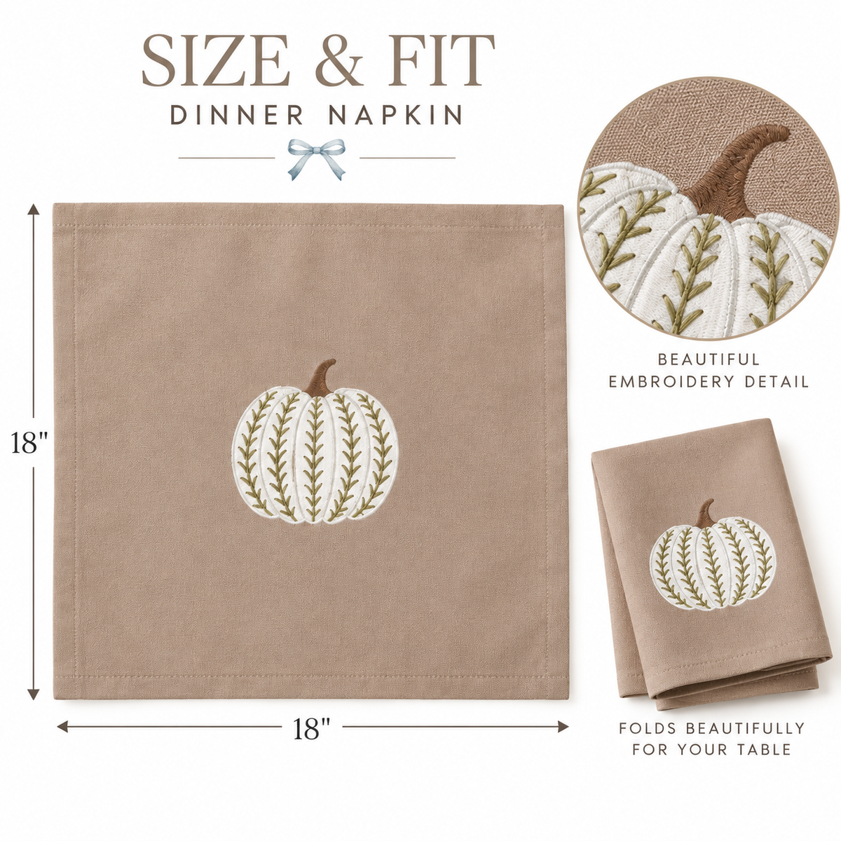 Embroidered White Pumpkin Dinner Napkins – Taupe Fall & Thanksgiving Cloth Napkins