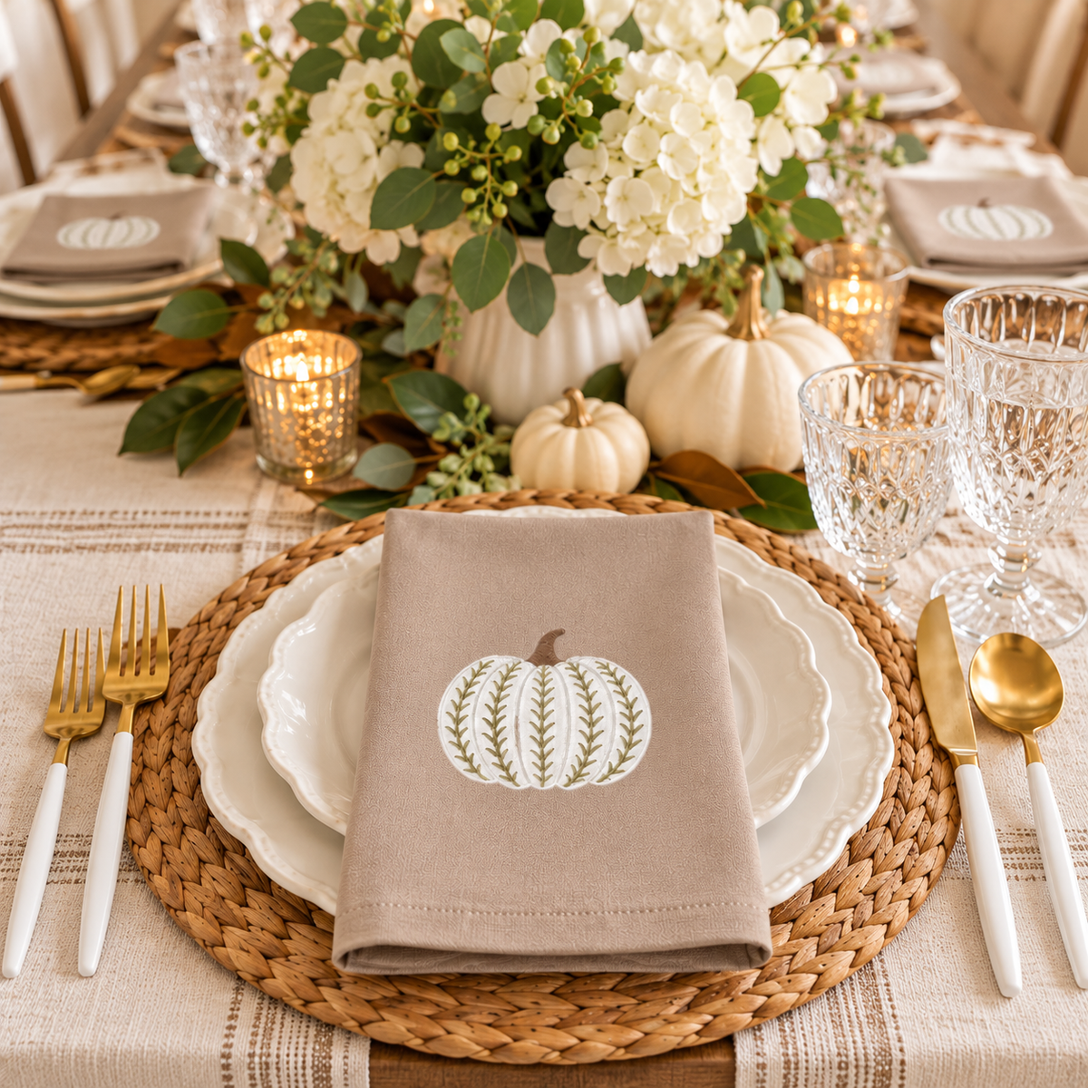 Embroidered White Pumpkin Dinner Napkins – Taupe Fall & Thanksgiving Cloth Napkins