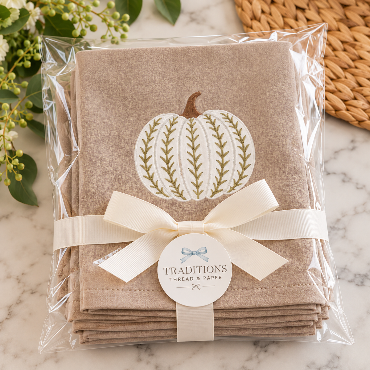 Embroidered White Pumpkin Dinner Napkins – Taupe Fall & Thanksgiving Cloth Napkins