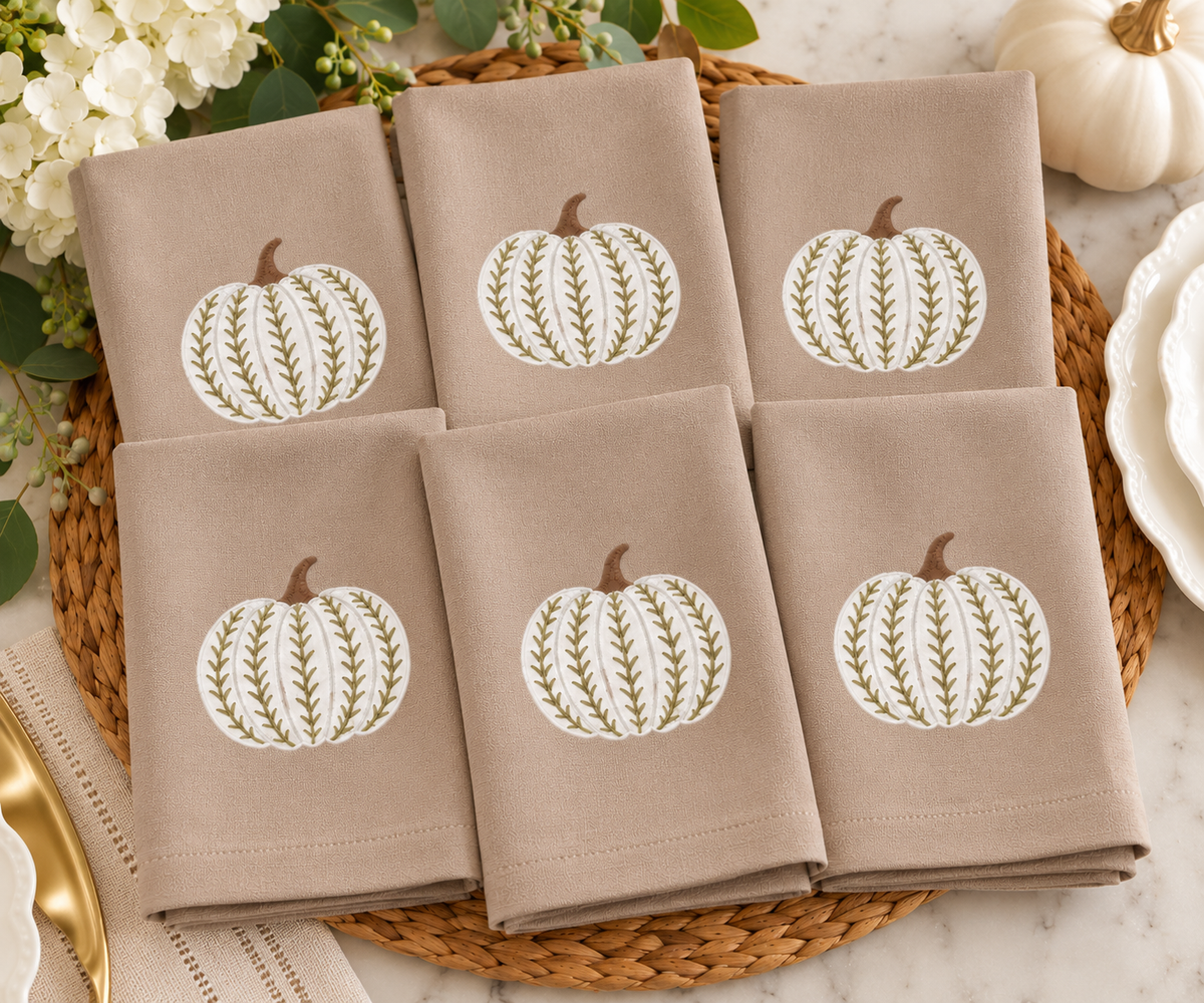 Embroidered White Pumpkin Dinner Napkins – Taupe Fall & Thanksgiving Cloth Napkins