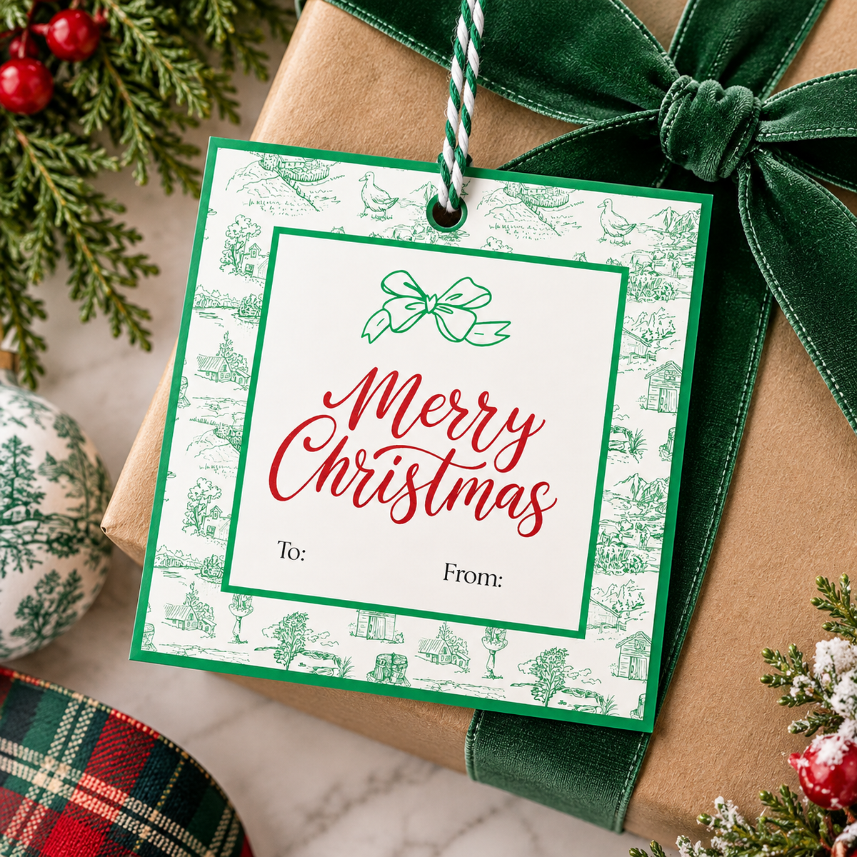 Personalized Christmas Gift Tags | Red & Green Toile | Set of 24