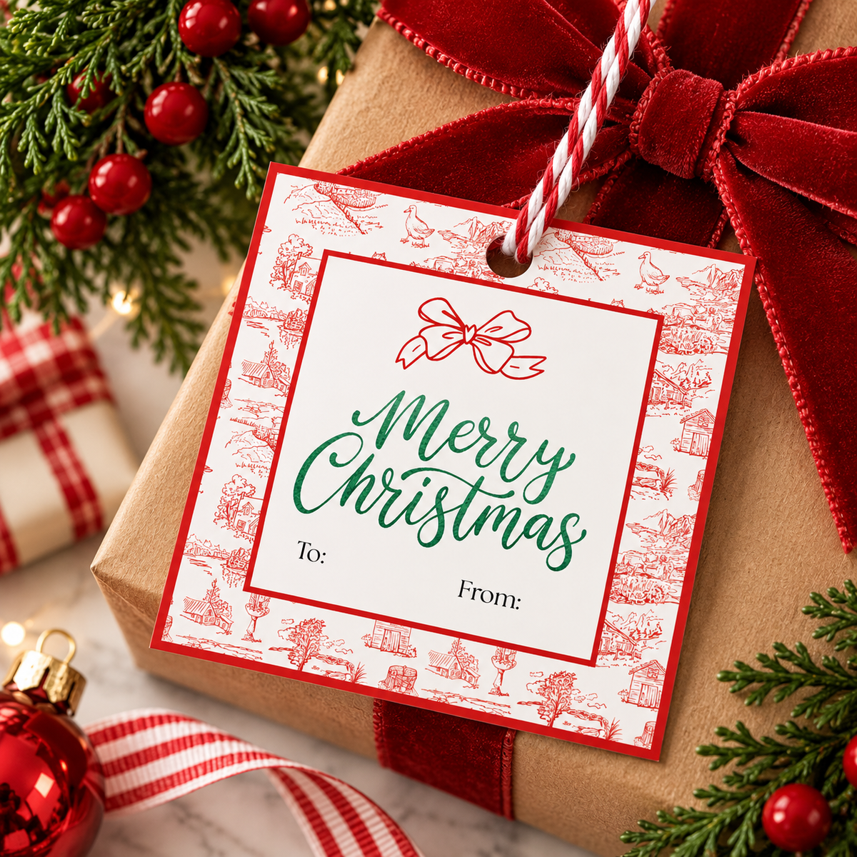 Personalized Christmas Gift Tags | Red & Green Toile | Set of 24