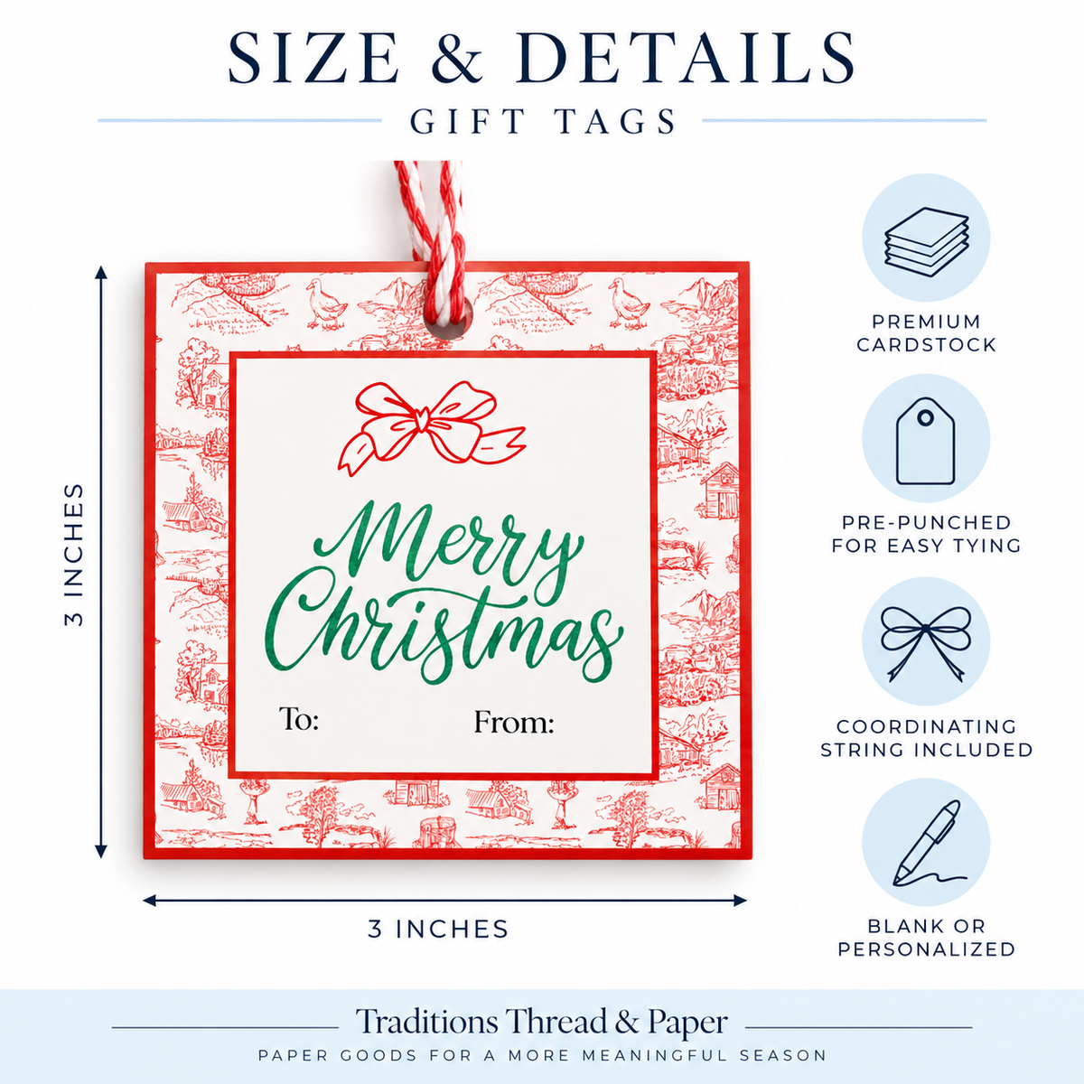 Personalized Christmas Gift Tags | Red & Green Toile | Set of 24