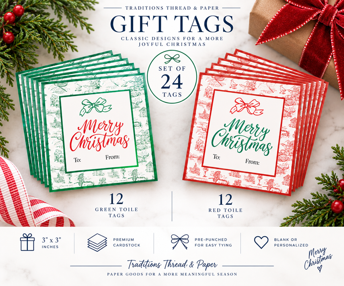 Personalized Christmas Gift Tags | Red & Green Toile | Set of 24
