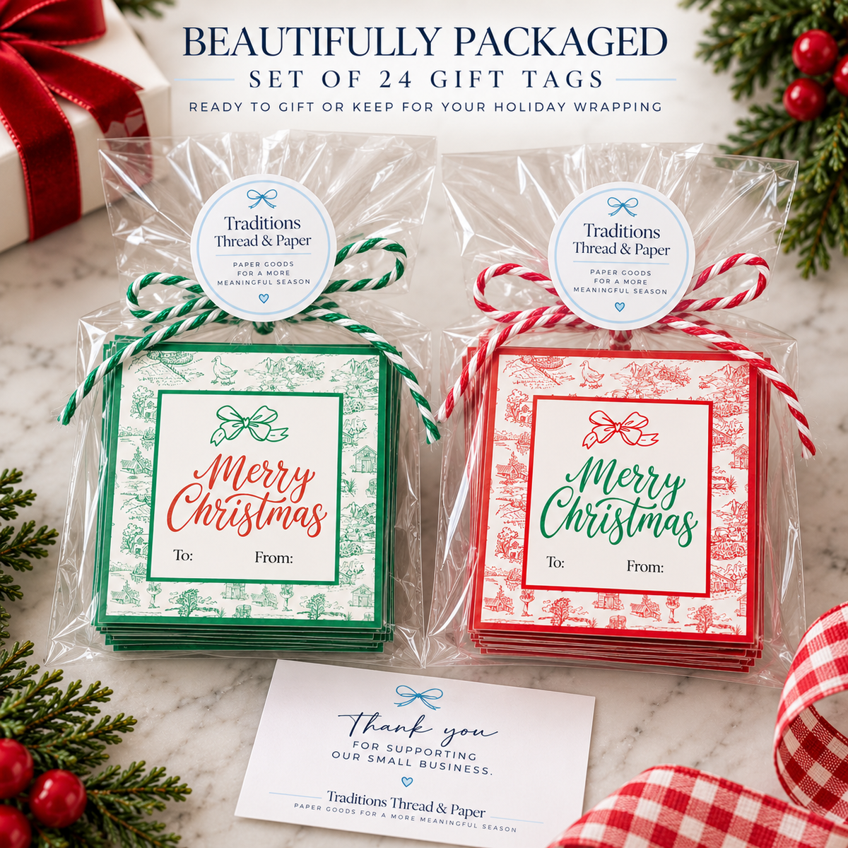 Personalized Christmas Gift Tags | Red & Green Toile | Set of 24