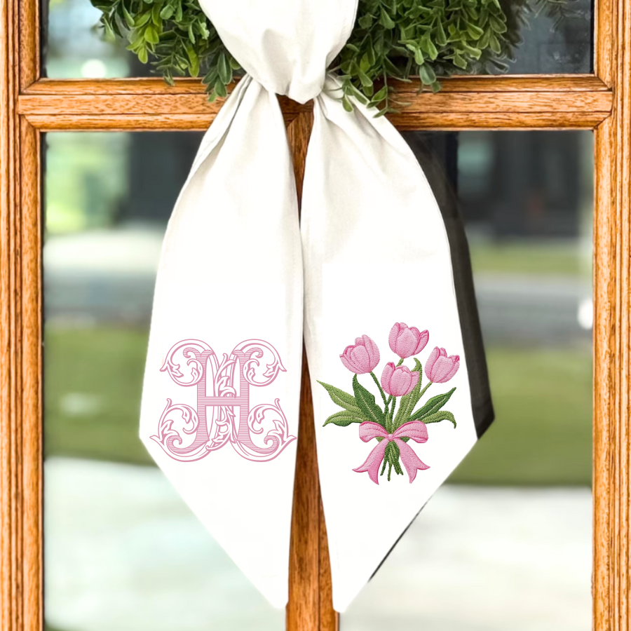 Personalized Tulip Wreath Sash – Monogrammed Spring Door Décor