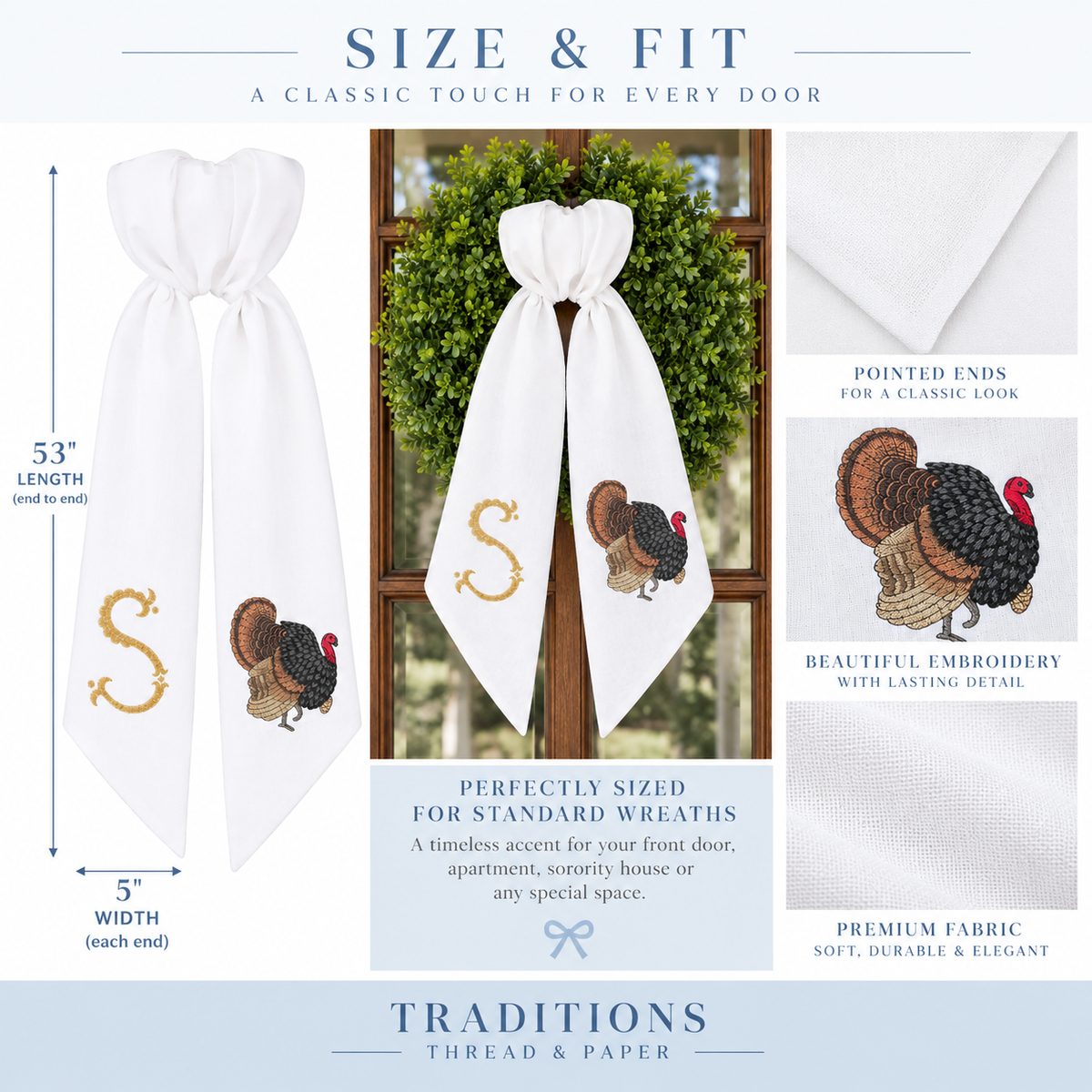 Personalized Thanksgiving Turkey Wreath Sash, Monogrammed Fall Door Decor