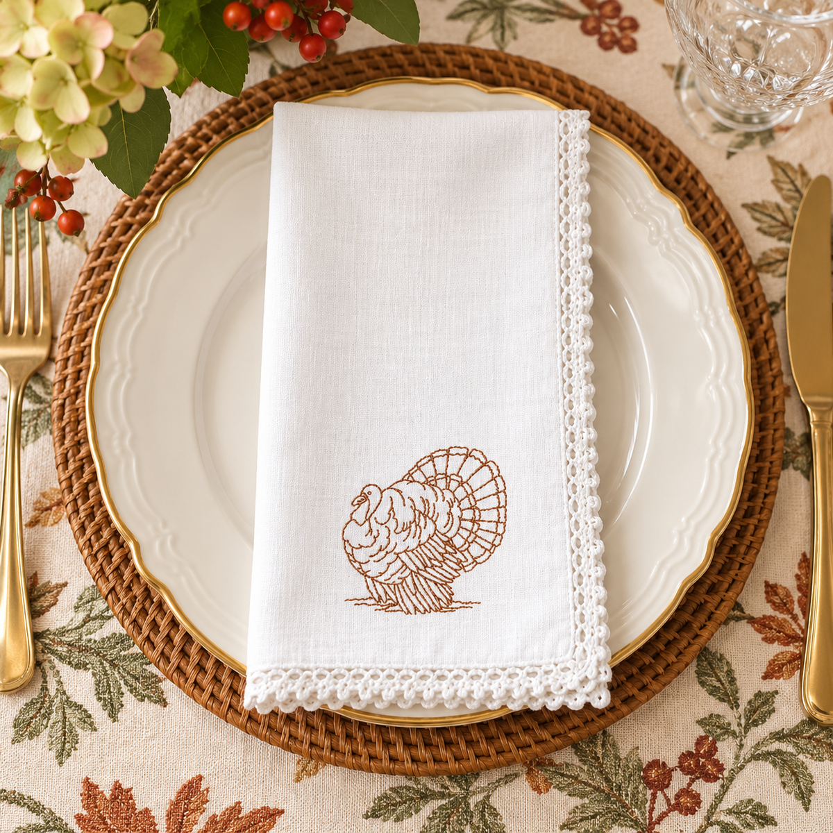 Embroidered Turkey Dinner Napkins | Thanksgiving Table Linens