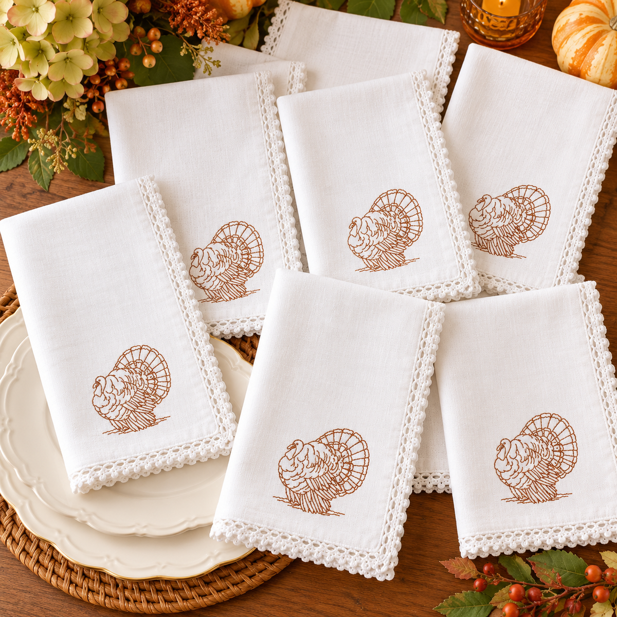 Embroidered Turkey Dinner Napkins | Thanksgiving Table Linens