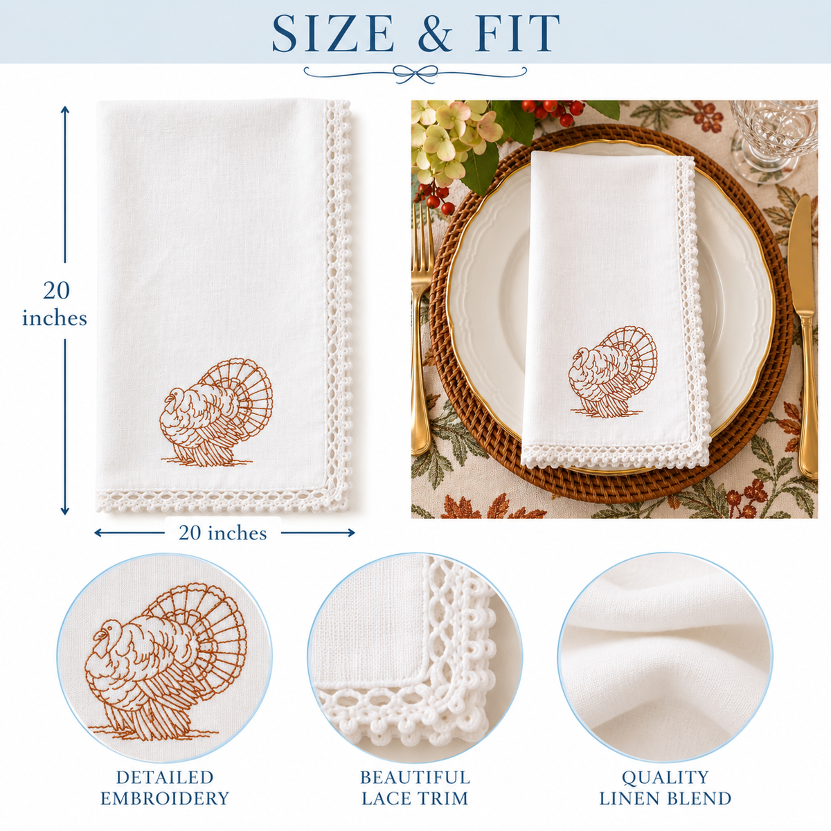 Embroidered Turkey Dinner Napkins | Thanksgiving Table Linens