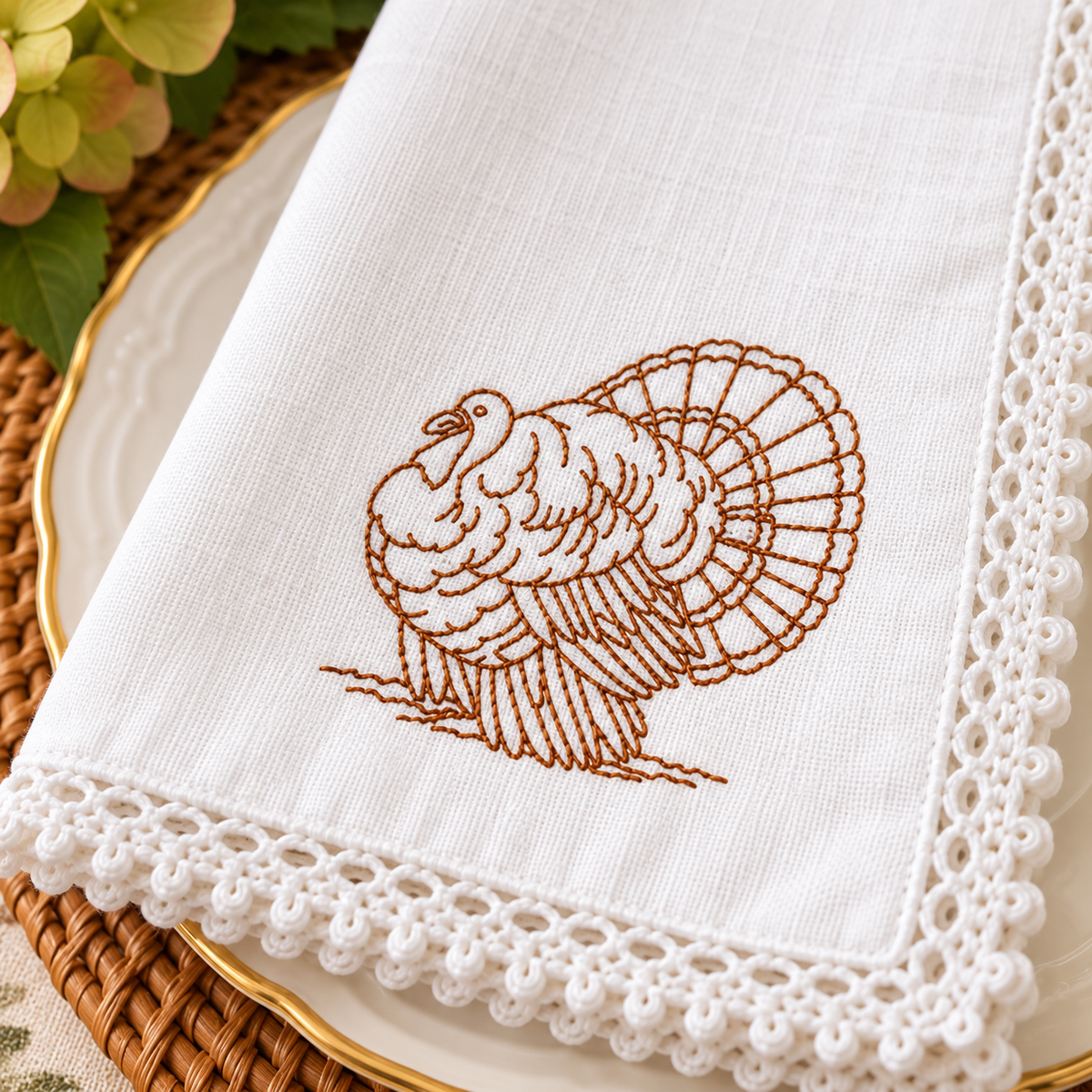Embroidered Turkey Dinner Napkins | Thanksgiving Table Linens