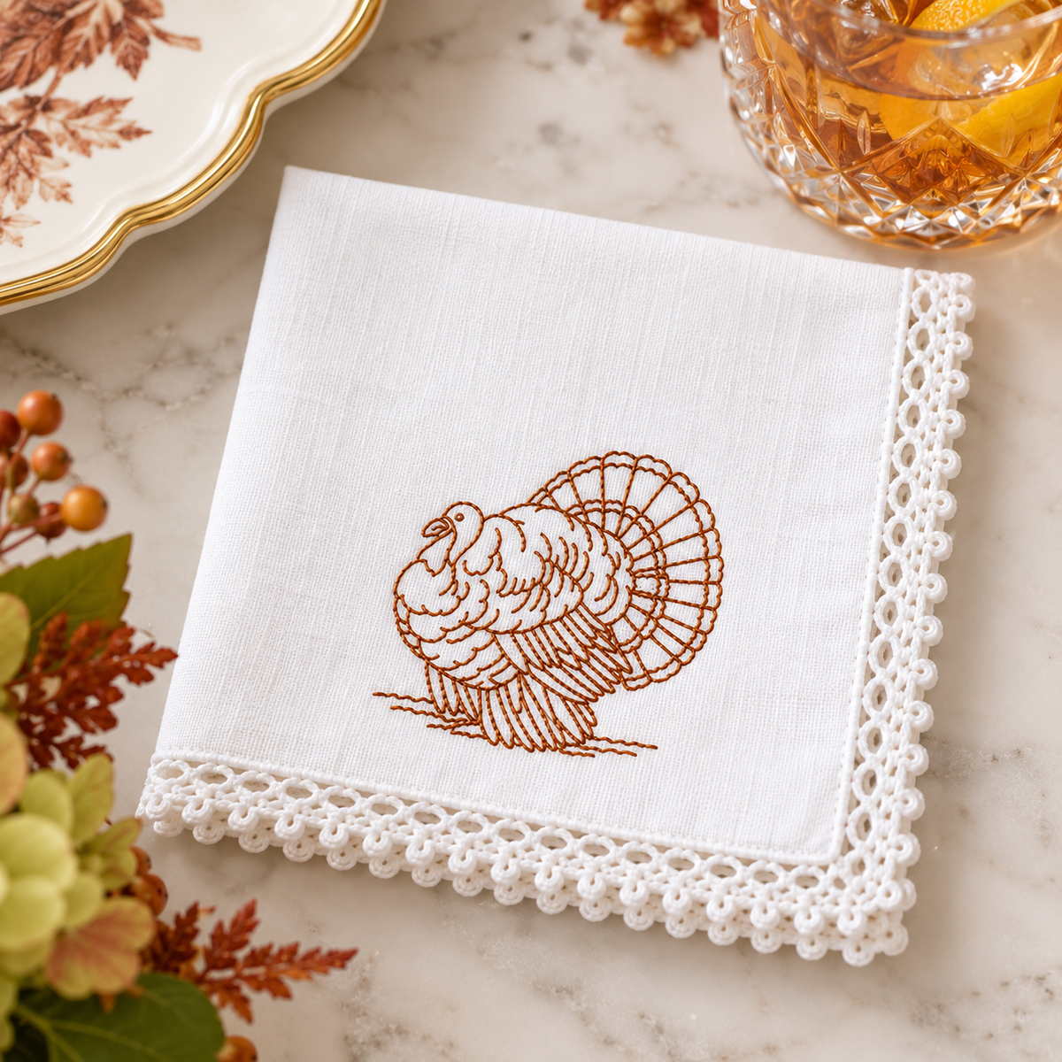 Embroidered Turkey Dinner Napkins | Thanksgiving Table Linens