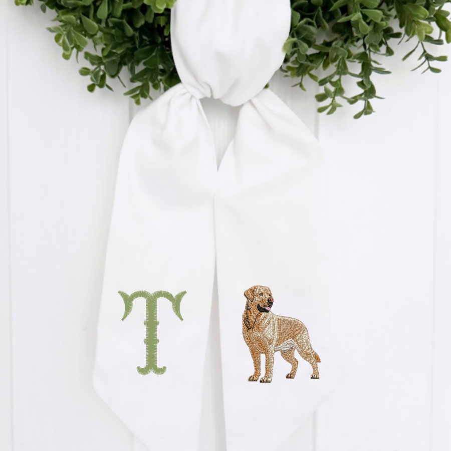 Personalized Yellow Lab Wreath Sash | Labrador Retriever Front Door Decor | Custom Initial Dog Wreath Sash