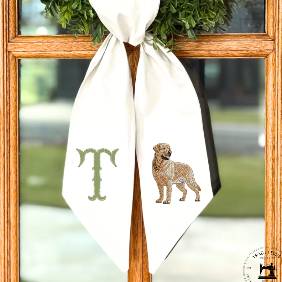 Personalized Yellow Lab Wreath Sash | Labrador Retriever Front Door Decor | Custom Initial Dog Wreath Sash