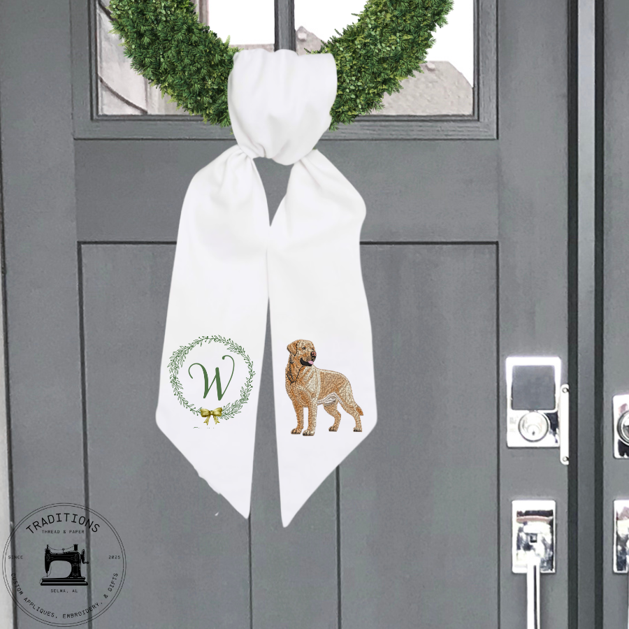 Personalized Yellow Lab Wreath Sash | Labrador Retriever Front Door Decor | Custom Initial Dog Wreath Sash